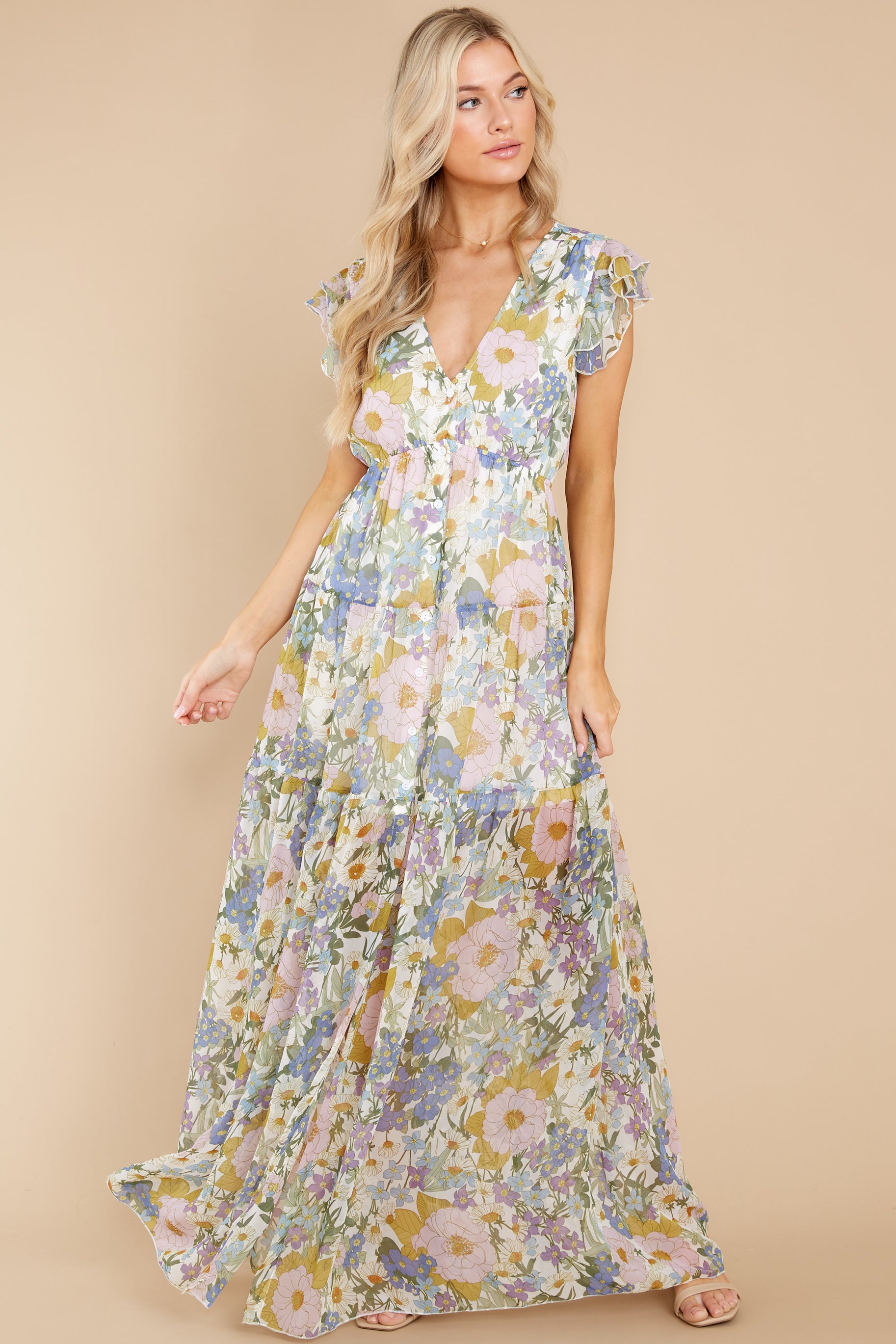 Chic Blue Floral Print Dress - Maxi ...